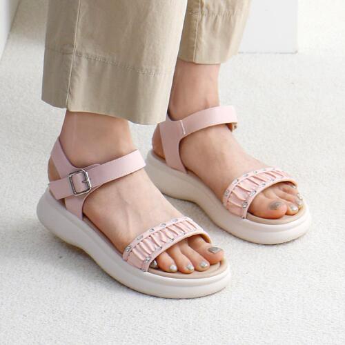 큐빅 셔링 벨크로 스트랩 통굽 샌들 여름 여성 신발 4cm